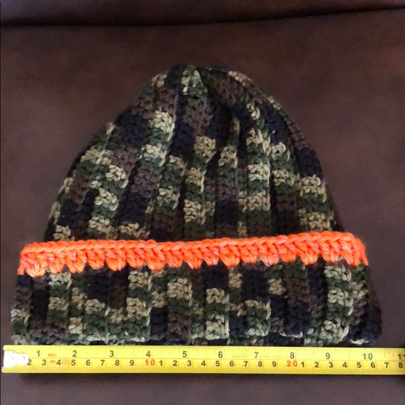 Hunting camouflage beanie hat  camo with orange reflective yarn handmade #M-100 - Picture 3 of 7
